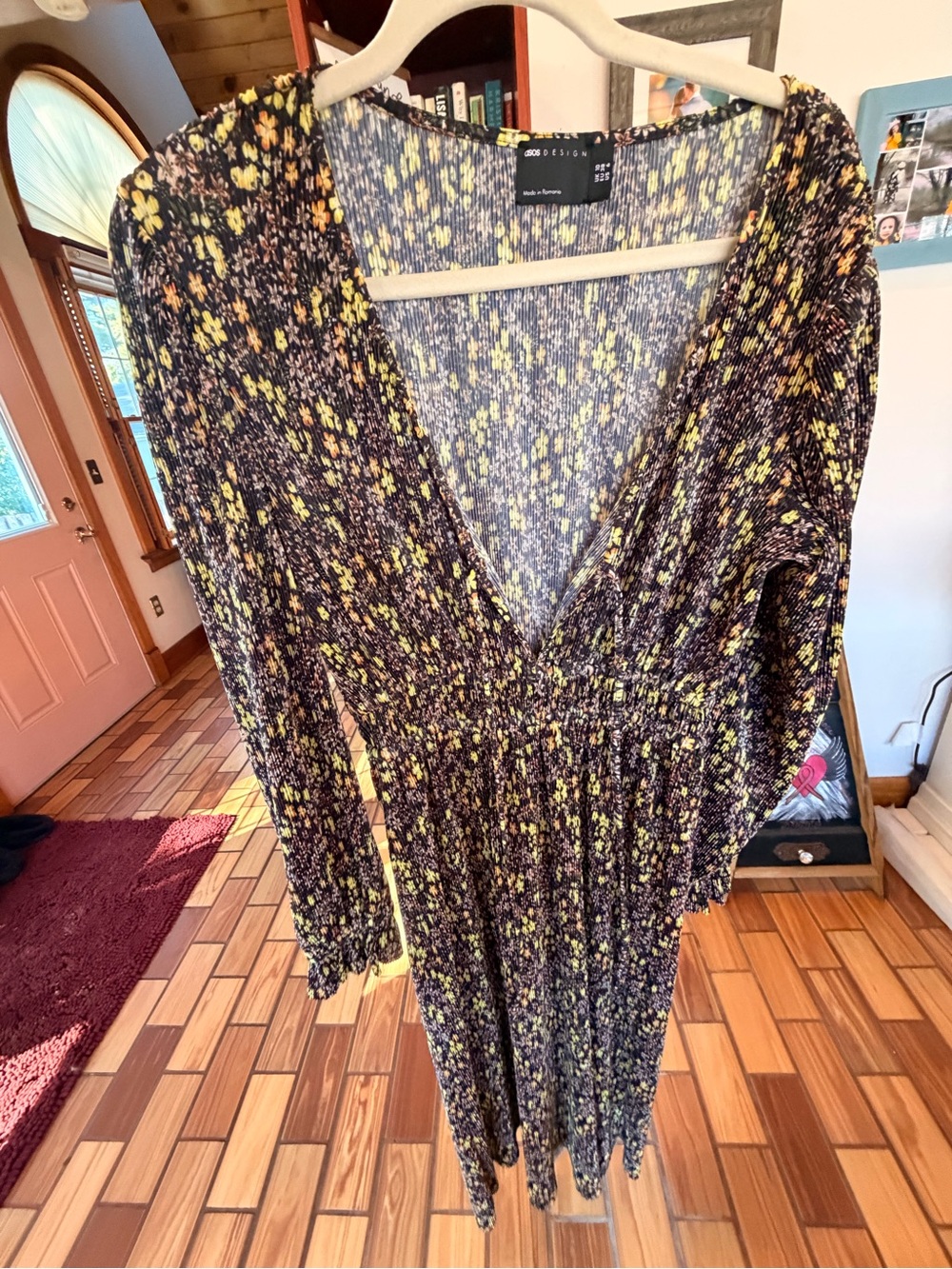 ASOS Long Sleeve Floral V-Neck Dress in Black and Yellow